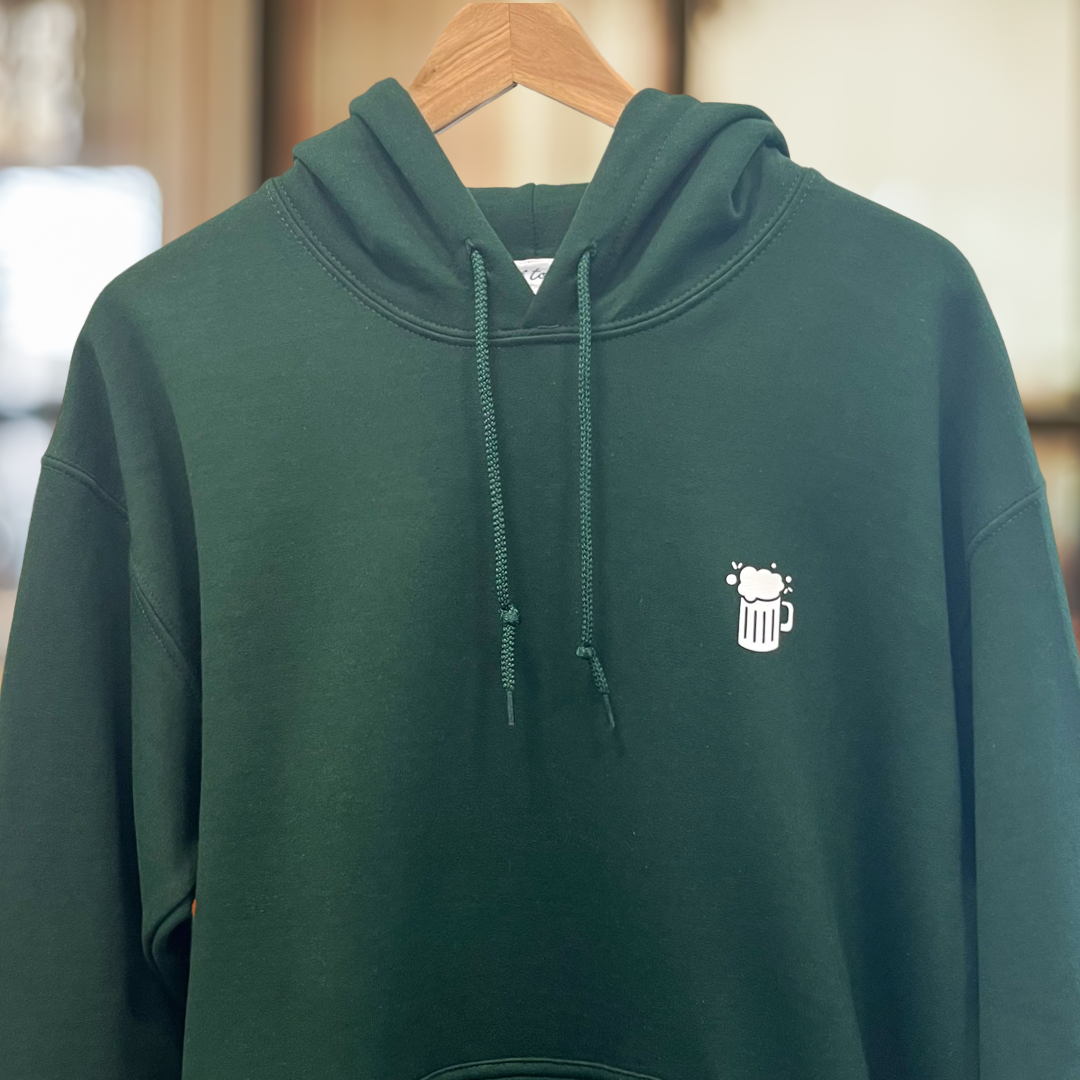 BIG WALK THEN PUB HOODIE. Dark green with white print.