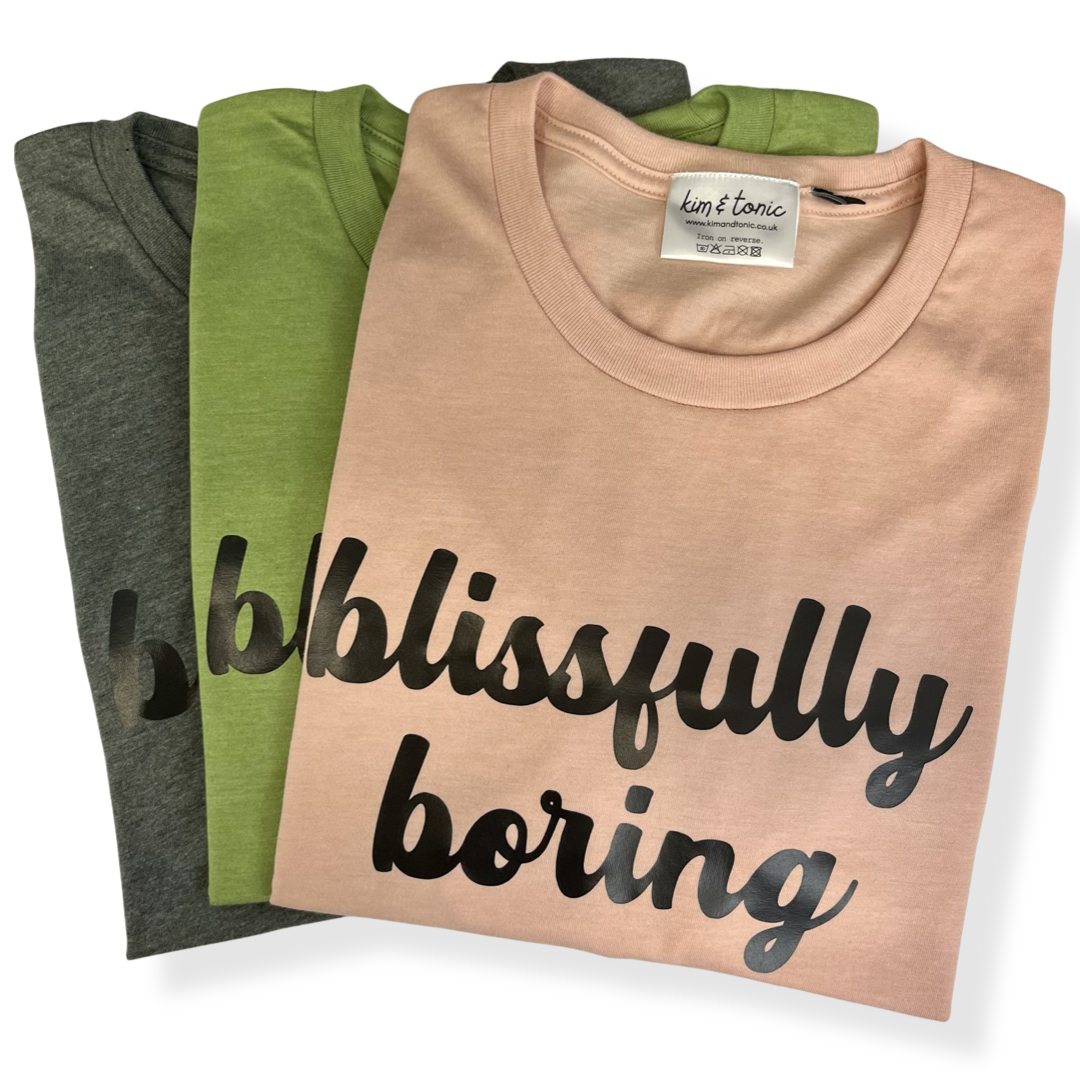 BLISSFULLY BORING T-SHIRT. Green with black print.