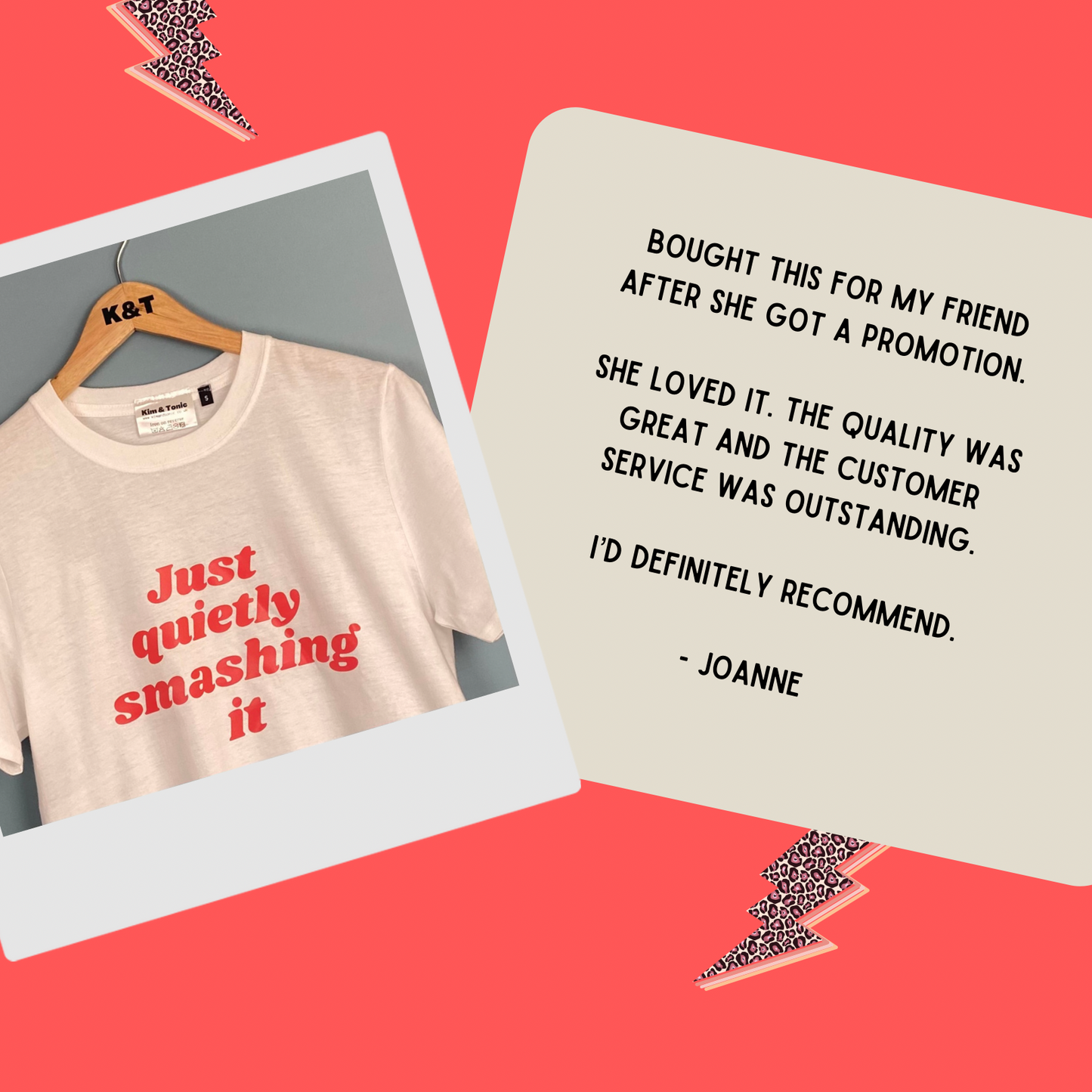 JUST QUIETLY SMASHING IT T-shirt. White with coral red print.