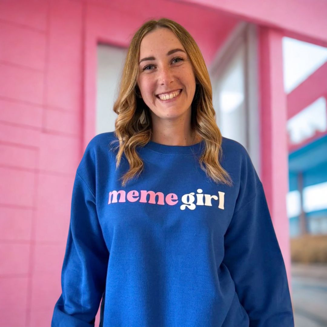 MEME GIRL SWEATSHIRT. Blue with white and pink print.