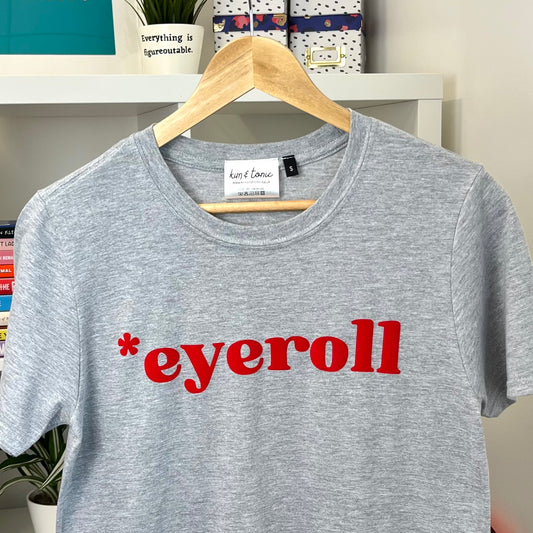 EYEROLL T-SHIRT. Grey with red velvet-feel print.