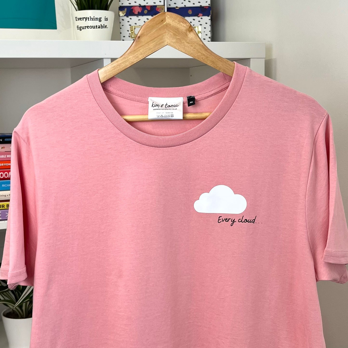 EVERY CLOUD T-SHIRT. Pink with white and black print.
