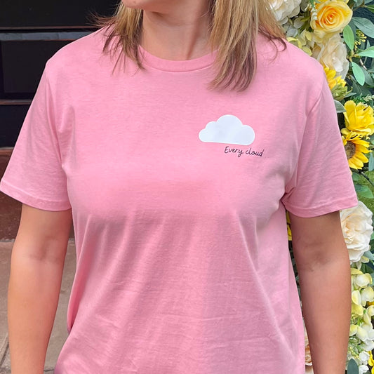 EVERY CLOUD T-SHIRT. Pink with white and black print.