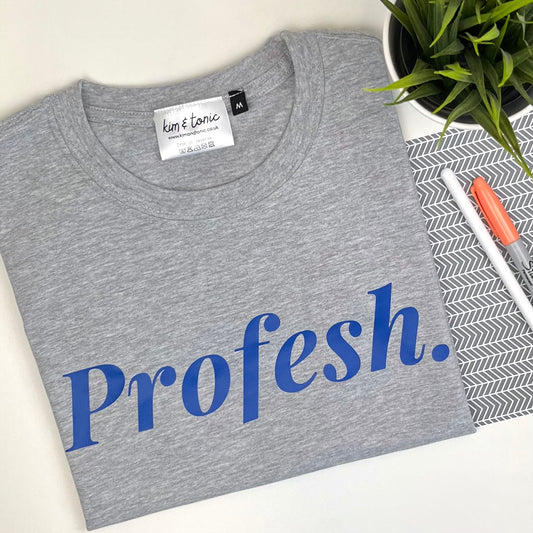 PROFESH. T-shirt. Grey with blue print.